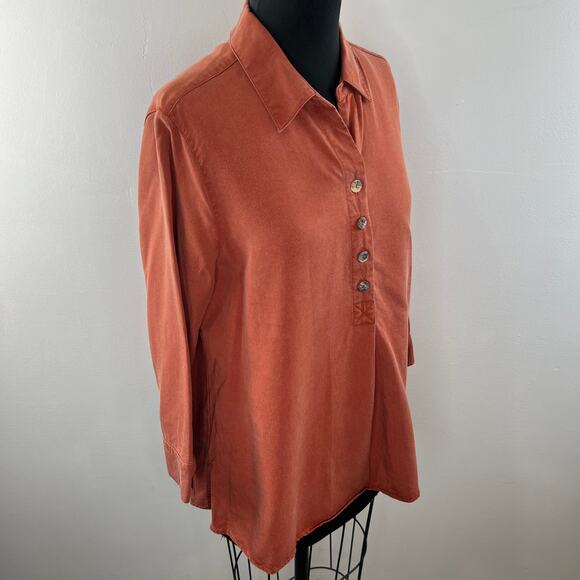 Soft Surroundings Orange Blouse Tencel Back-Button Collared Side Slit Large L - Picture 4 of 7